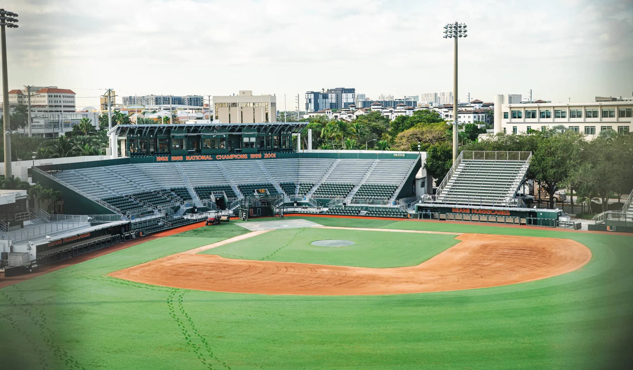 Alex Rodriguez Park at Mark Light Field’s bowl and field viewed from the outfield in Miami Athletics’ facility collection. Protective netting and nearby seating remain visible; this is not an individually numbered spectator seat.