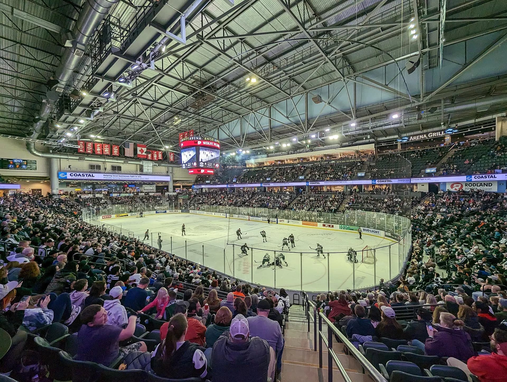 Hockey rink and seating bowl inside Angel of the Winds Arena during a Silvertips game.