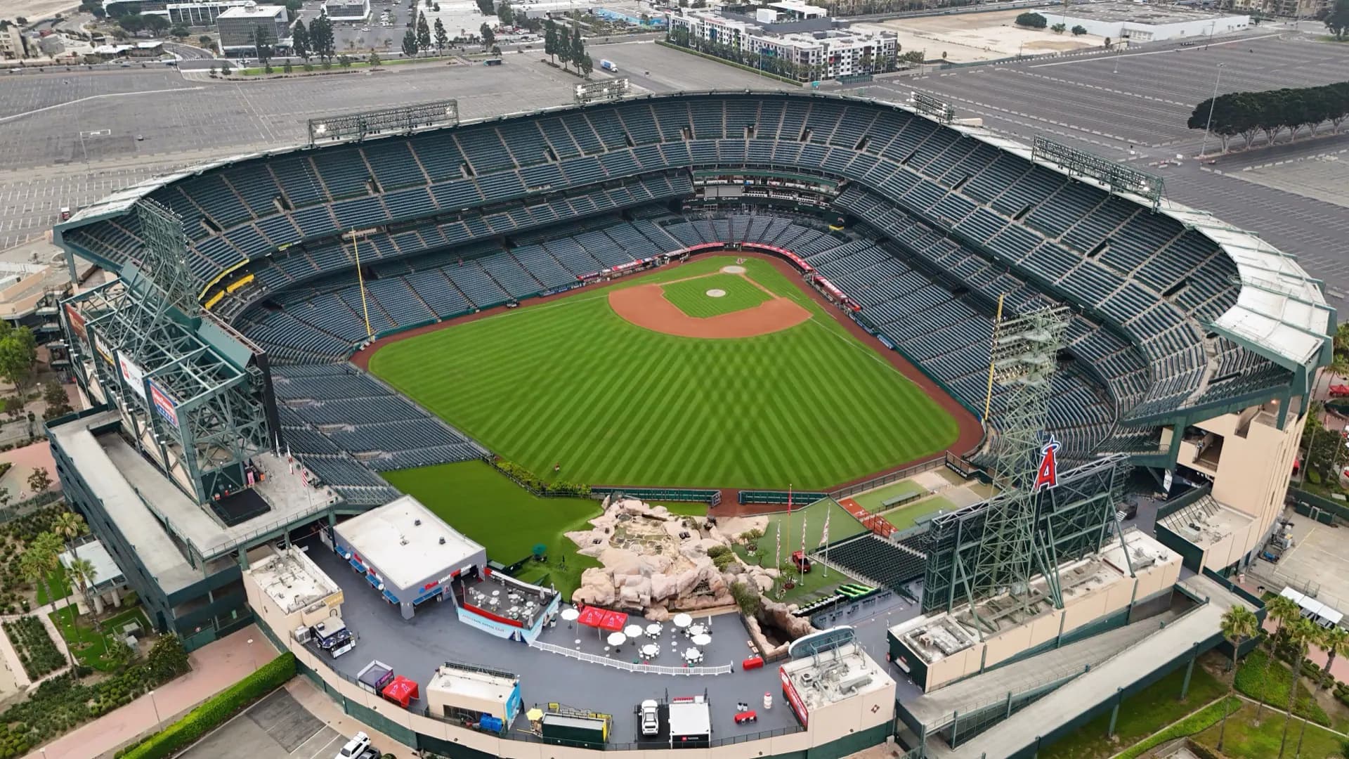 Current aerial establishing view of Angel Stadium showing the complete field, seating bowl, scoreboards, and rock feature.