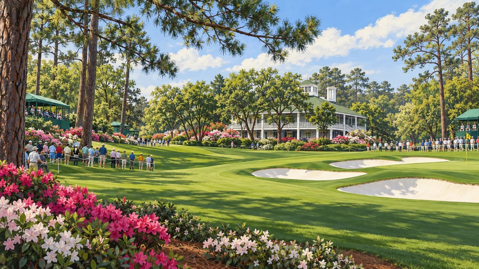 FanProof editorial illustration of the spectator experience and clubhouse setting at Augusta National Golf Club.