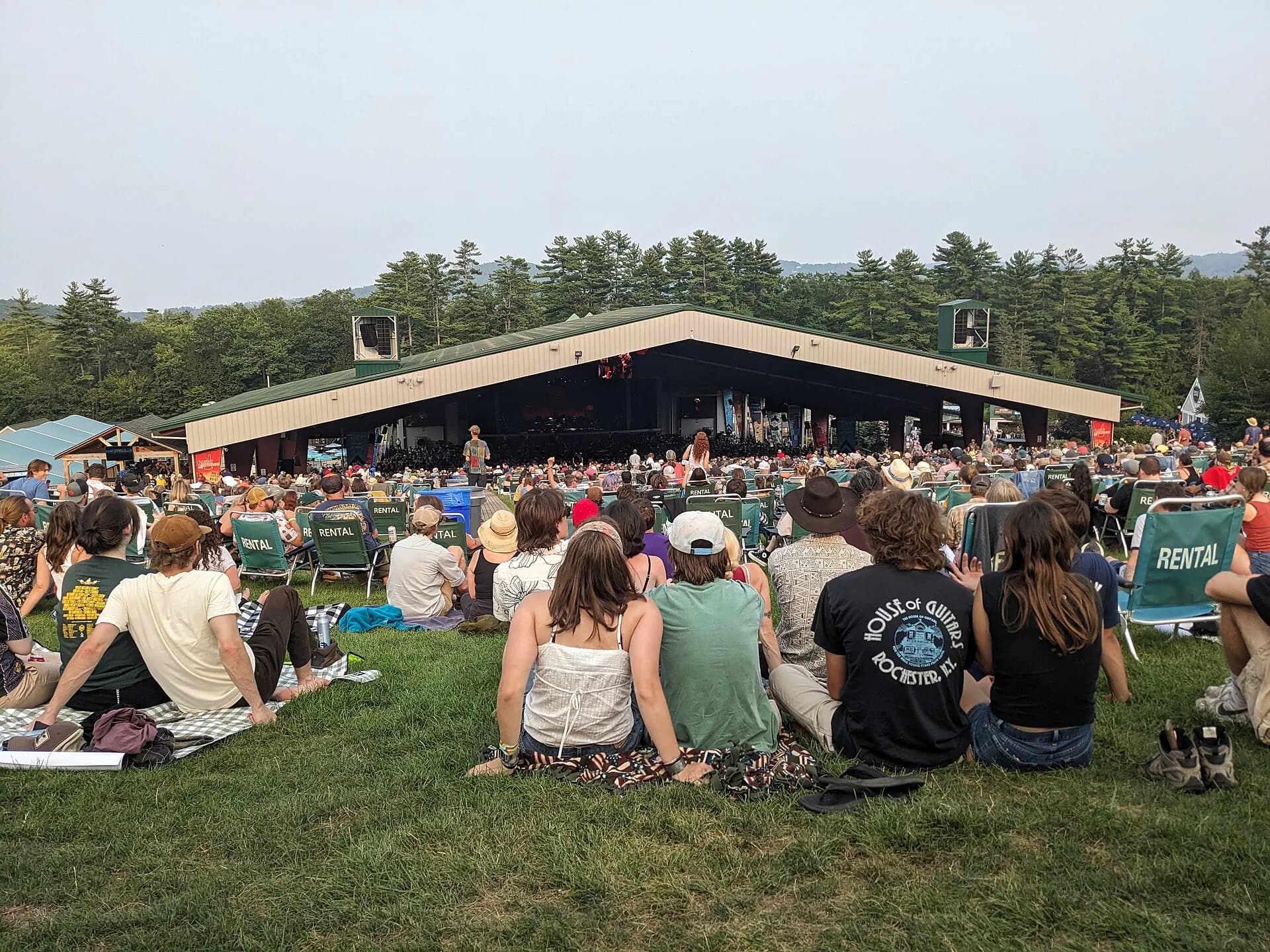 A venue-wide audience view toward the stage at BankNH Pavilion in Gilford.