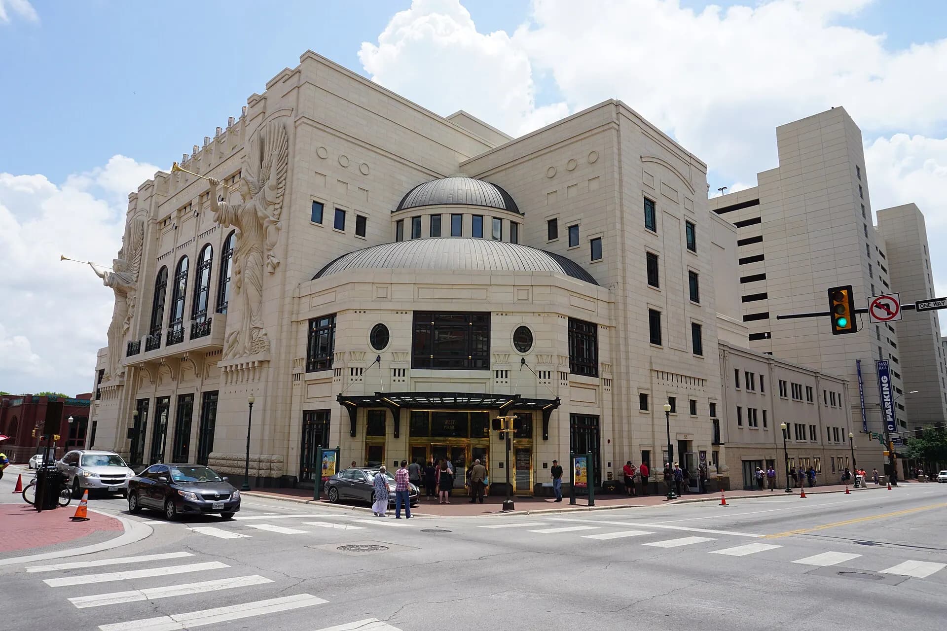 Bass Performance Hall's limestone facade and sculpted angels in downtown Fort Worth.