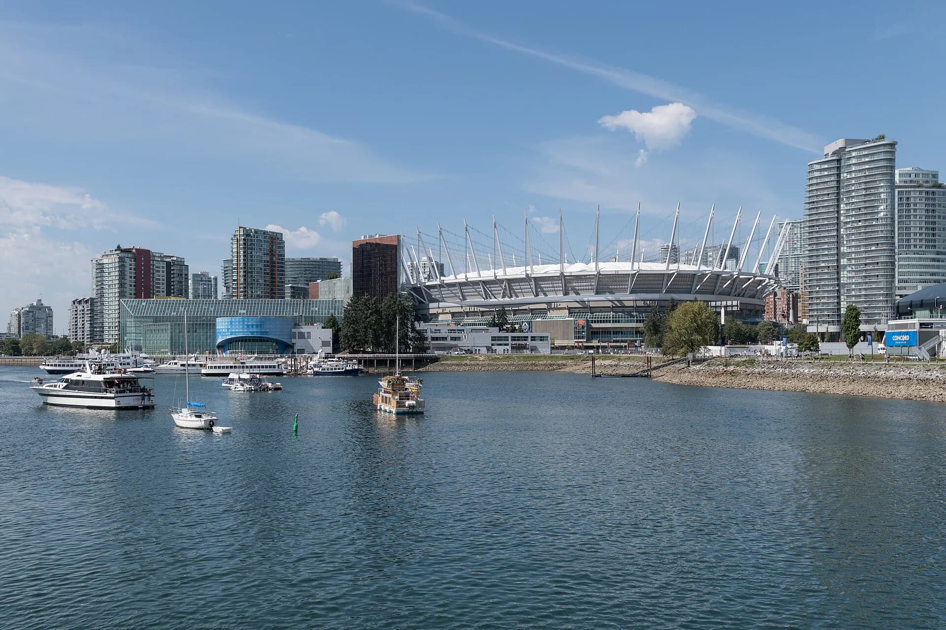 Current east-side exterior and cable-supported roof of BC Place in Vancouver