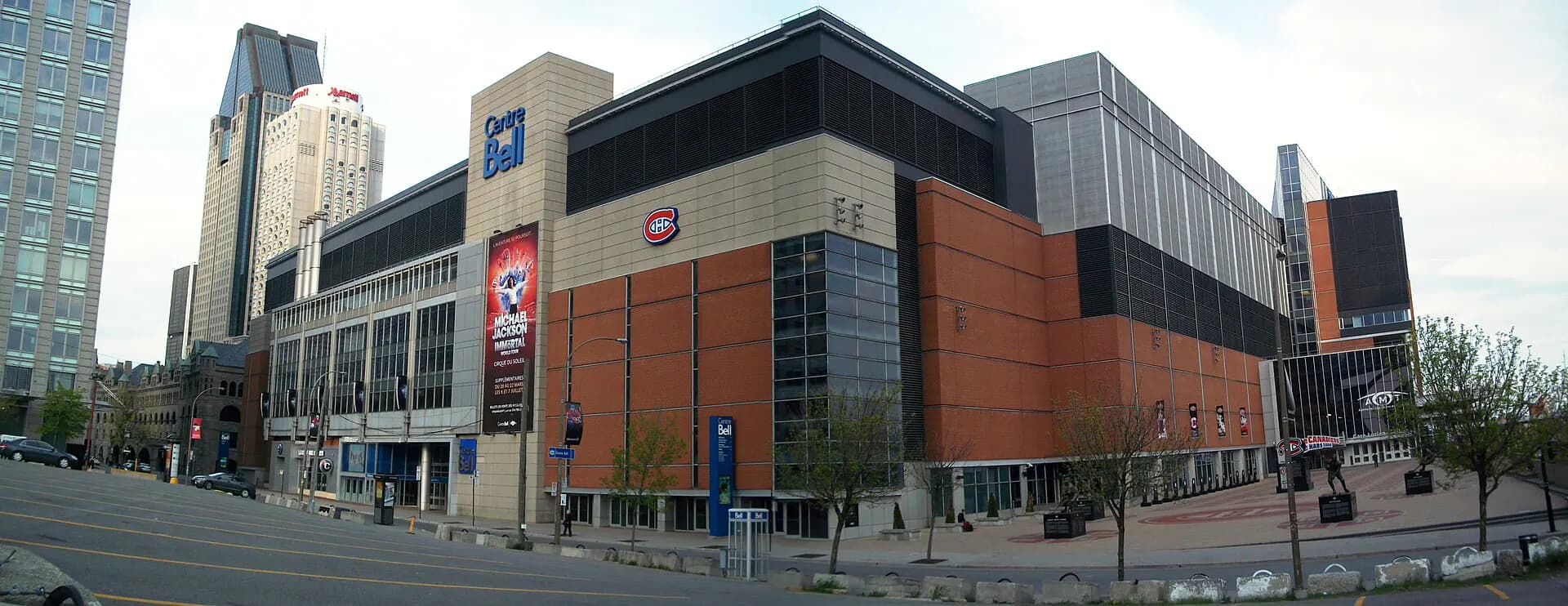 Wide exterior view of Bell Centre and its main Montreal entrance