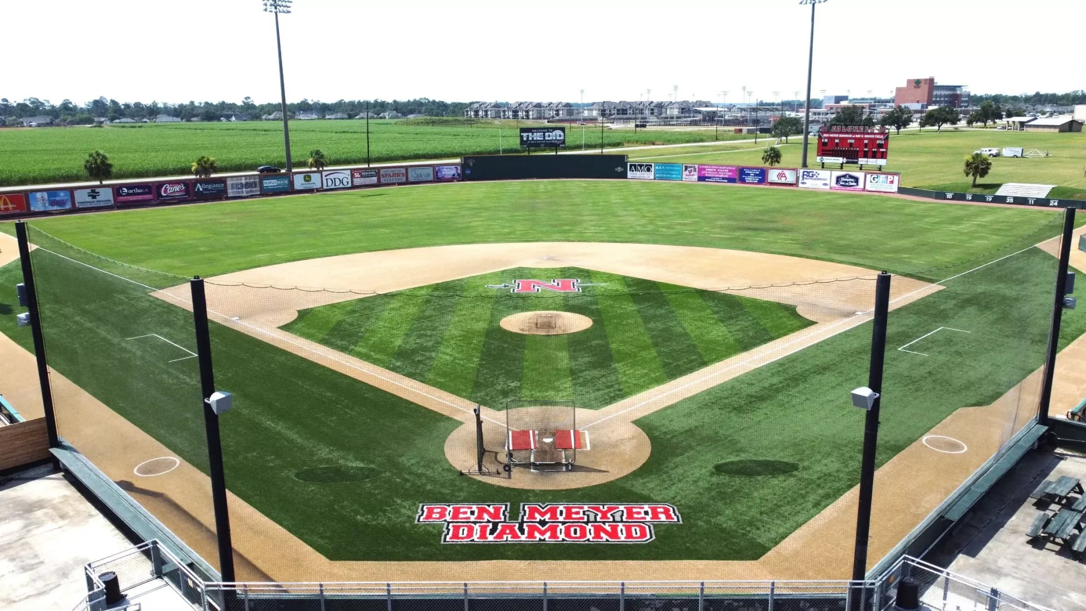 Ben Meyer Diamond at Ray E. Didier Field’s complete synthetic infield, grandstand and surrounding Thibodaux campus in Nicholls Athletics’ collection explicitly labeled for 2024. This aerial supplies orientation without a numbered spectator camera seat or exact capture day.