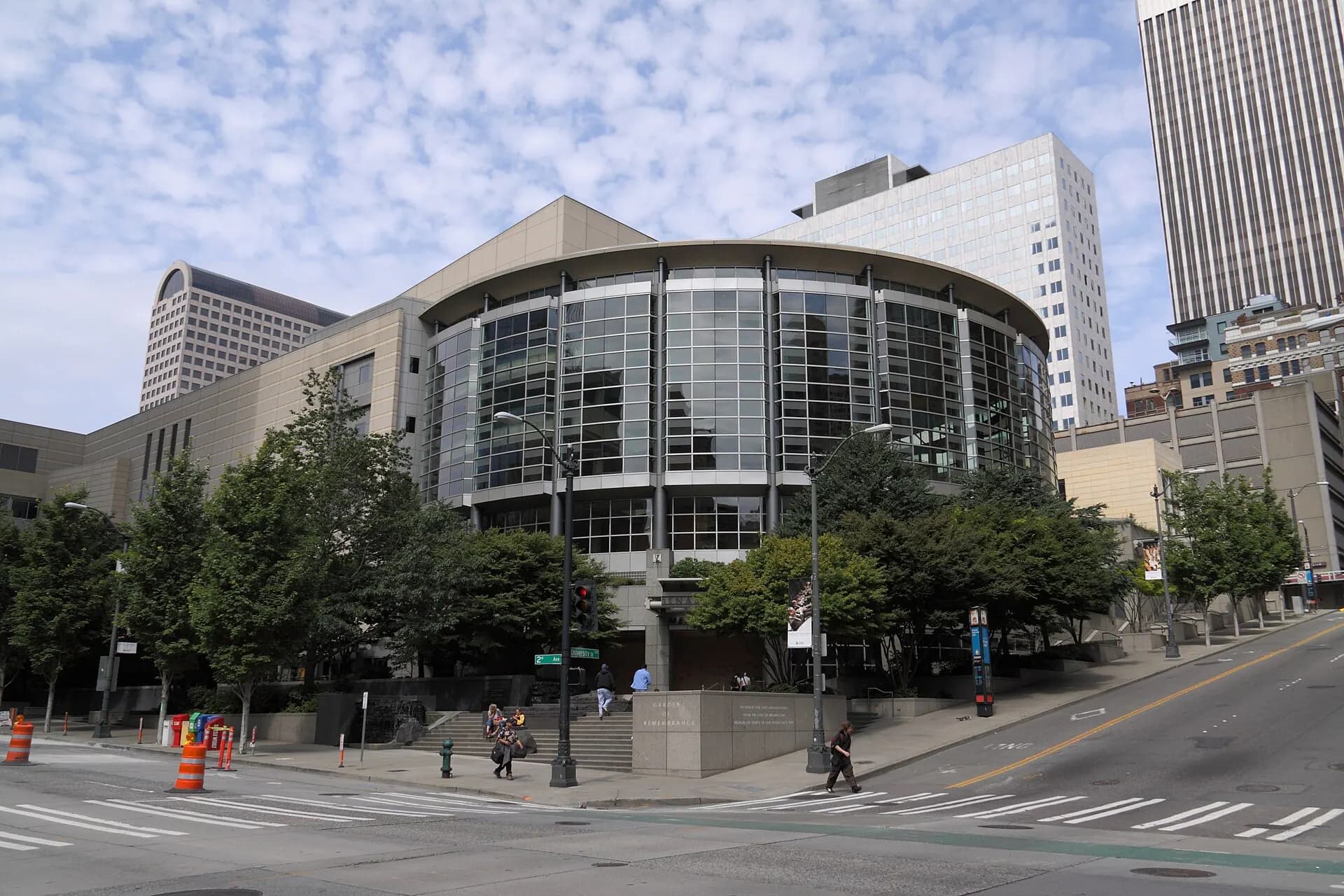 Benaroya Hall's glass-fronted exterior at Second Avenue in downtown Seattle.
