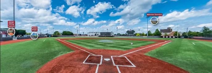 Nick Swisher Field at Bill Davis Stadium’s synthetic diamond and outfield in Ohio State’s official facility image. The source image includes its original tour hotspots; it is a field-level orientation view, not an assigned spectator seat or playing-field access permission.