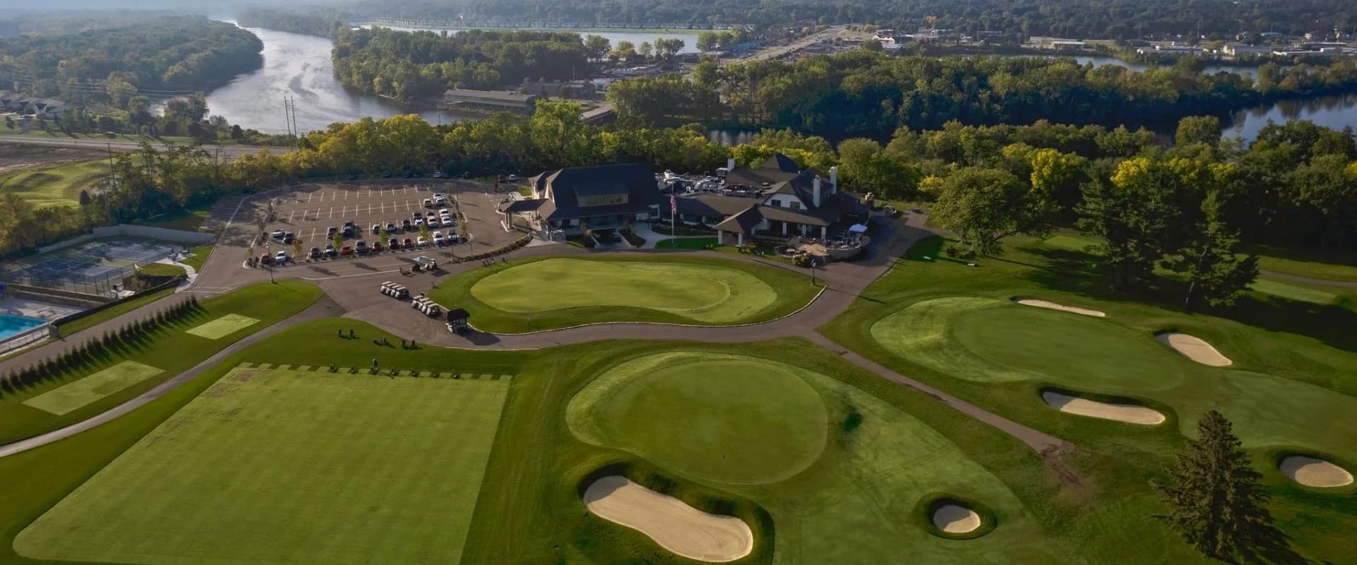 Blythefield Country Club — aerial view of greens, bunkers, clubhouse and surrounding landscape from the owner’s golf page. The source does not identify a specific hole or capture date.
