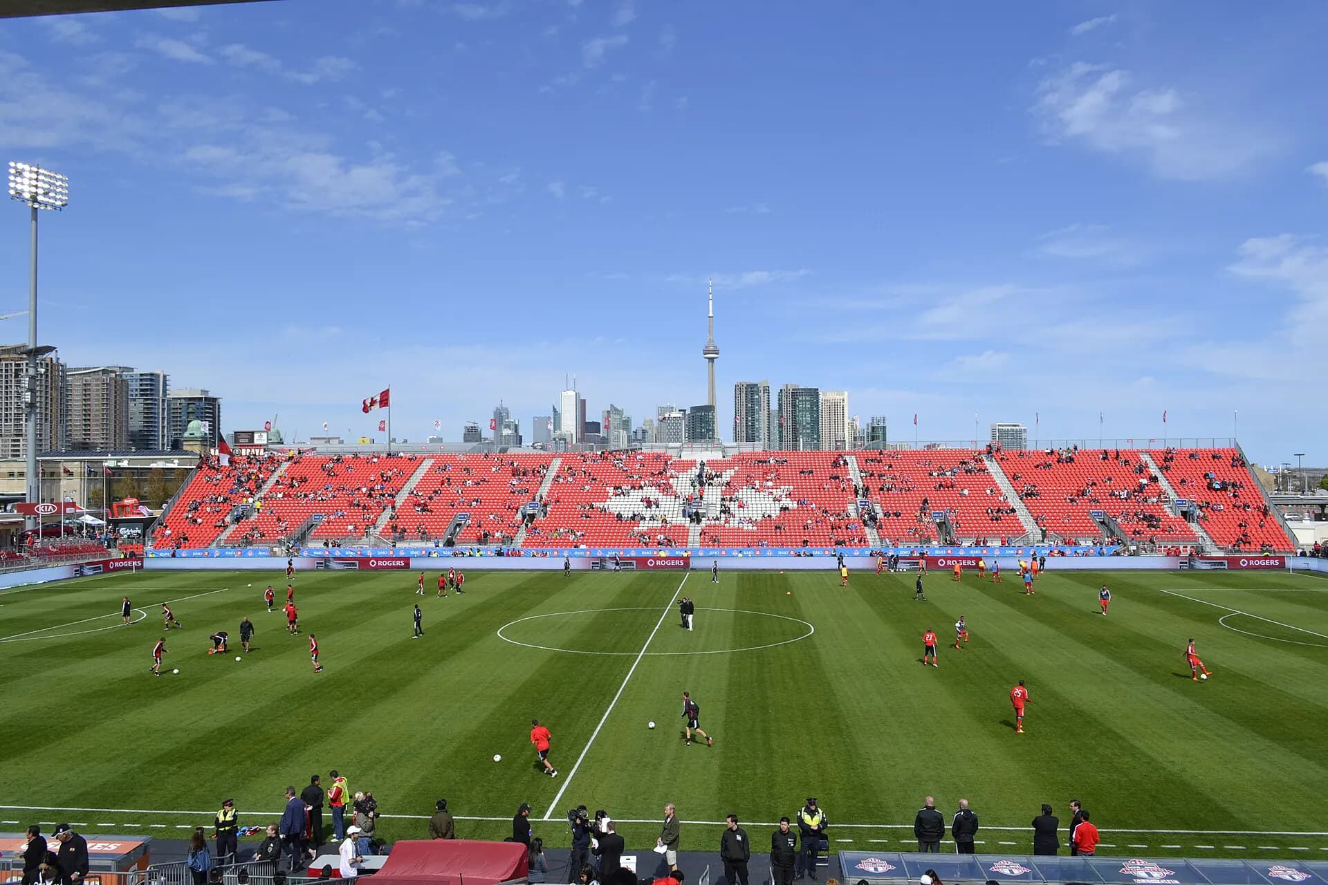 Wide interior view of BMO Field's pitch and east stands in Toronto
