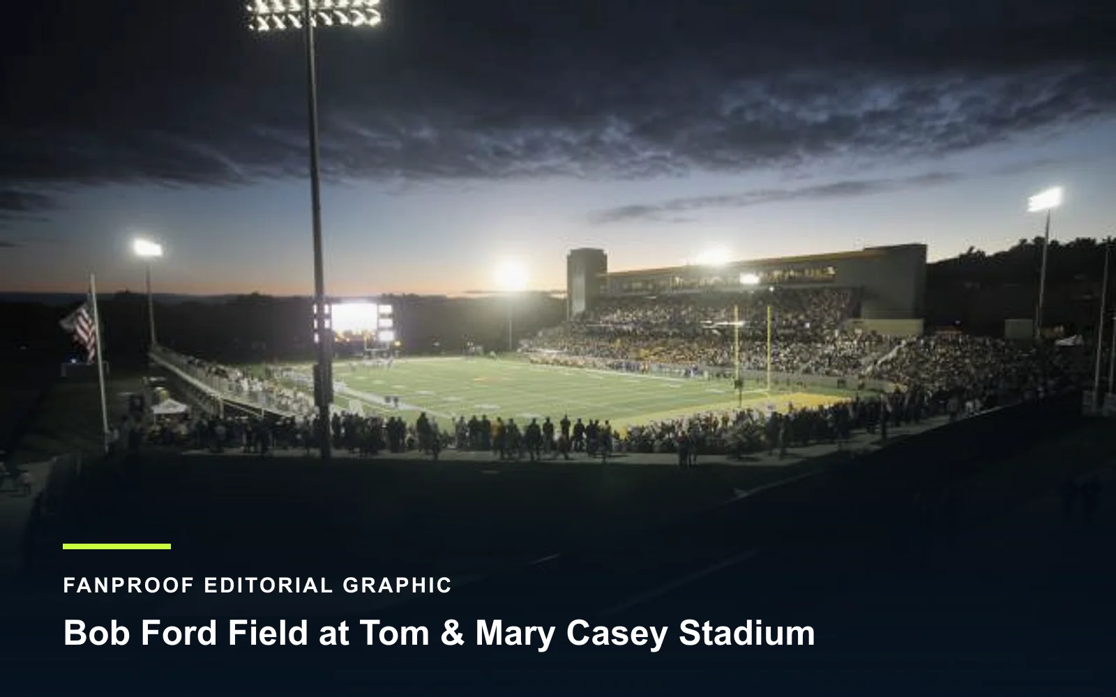 FanProof editorial graphic derived from a reuse-cleared view of Bob Ford Field at Tom & Mary Casey Stadium, home of Albany Great Danes football.
