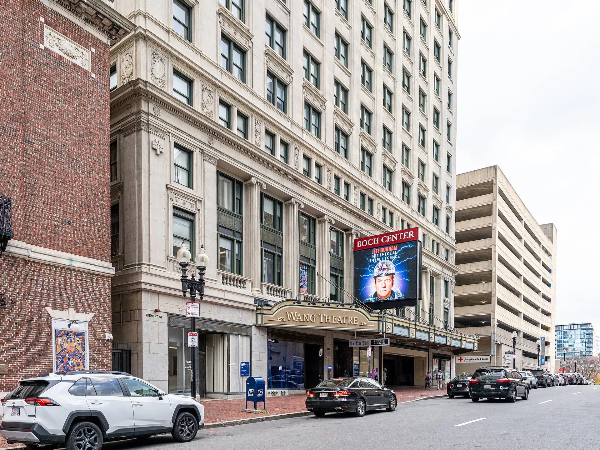 The Boch Center Wang Theatre's illuminated Tremont Street facade in Boston.