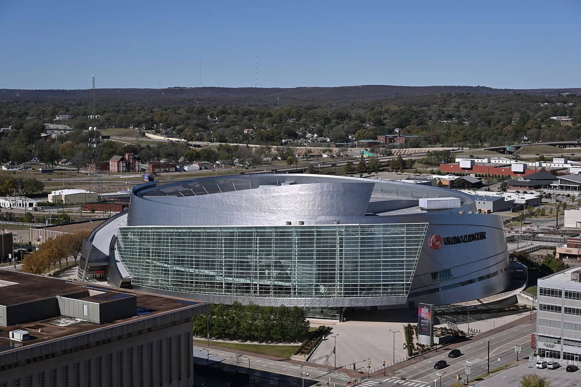 An aerial view of the BOK Center and surrounding downtown Tulsa streets.