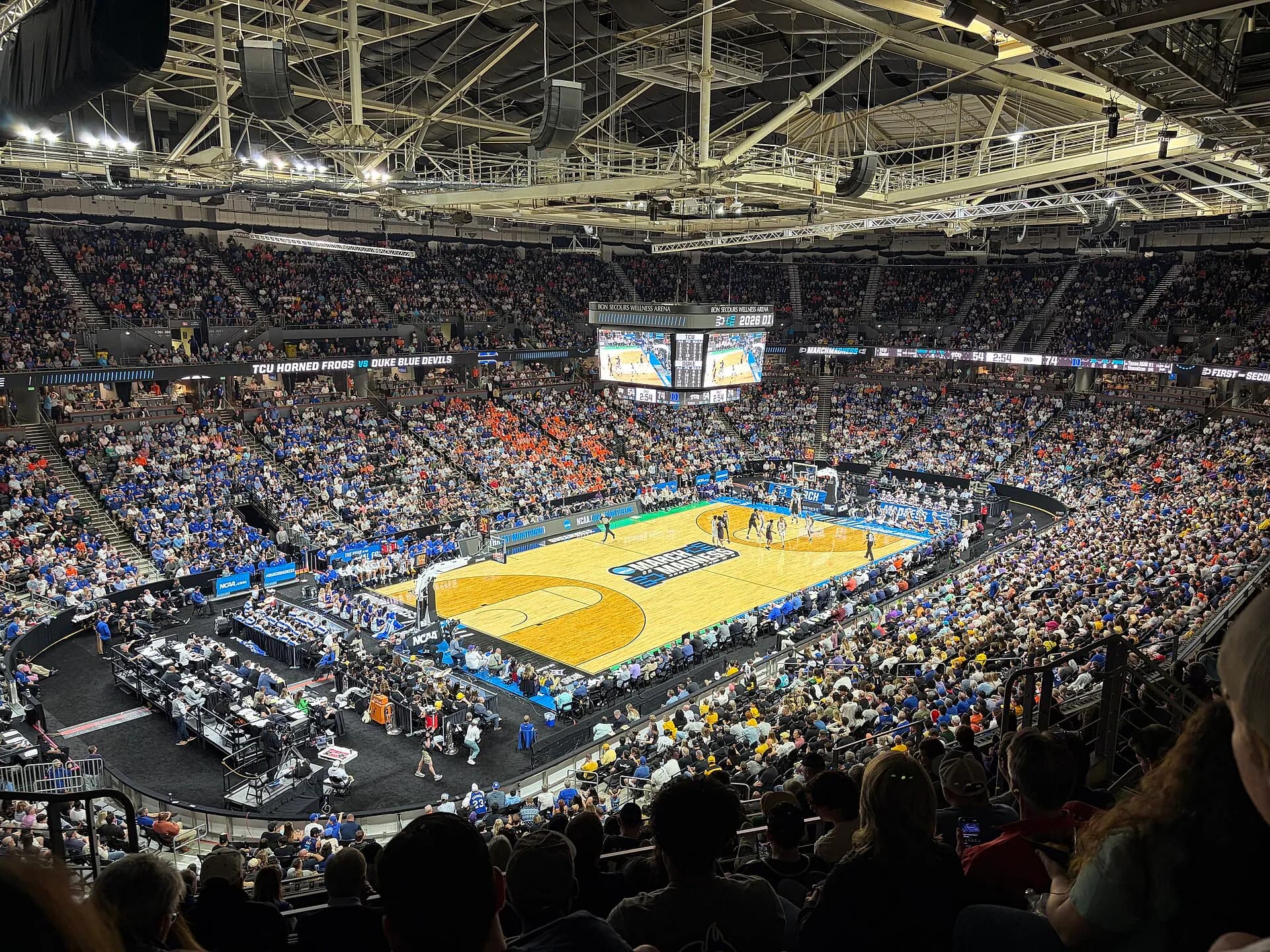 Basketball court and full seating bowl inside Bon Secours Wellness Arena.