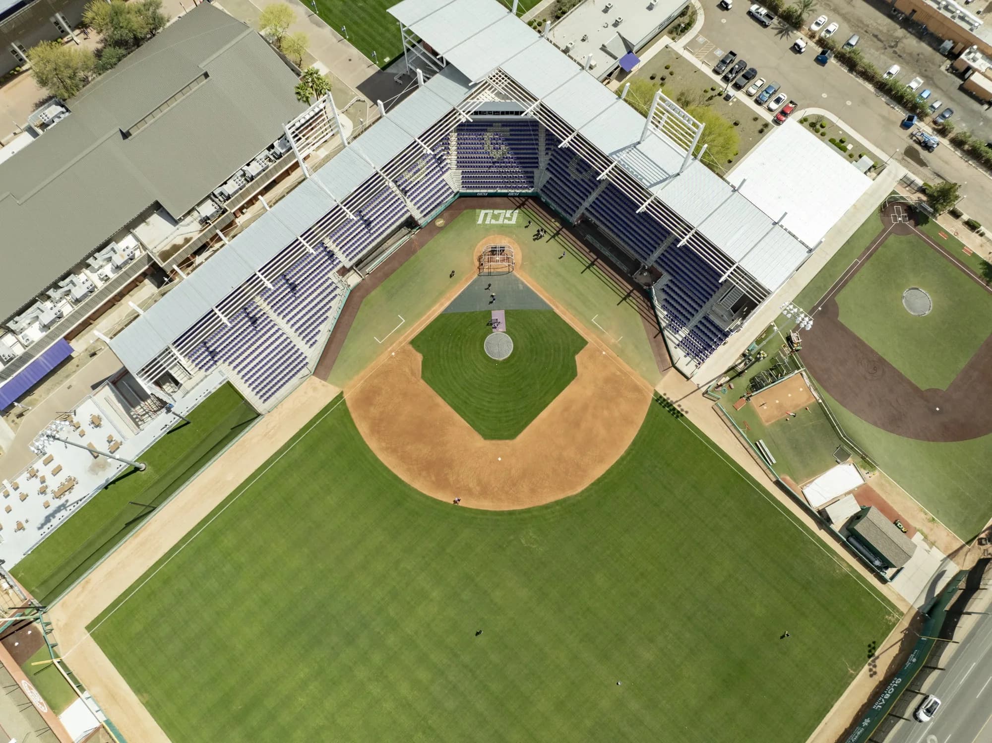 Brazell Field at GCU Ballpark’s whole bowl, field and surrounding campus in Grand Canyon Athletics’ actual aerial photograph. Compare the current game ticket and access instructions; no capture date is supplied.