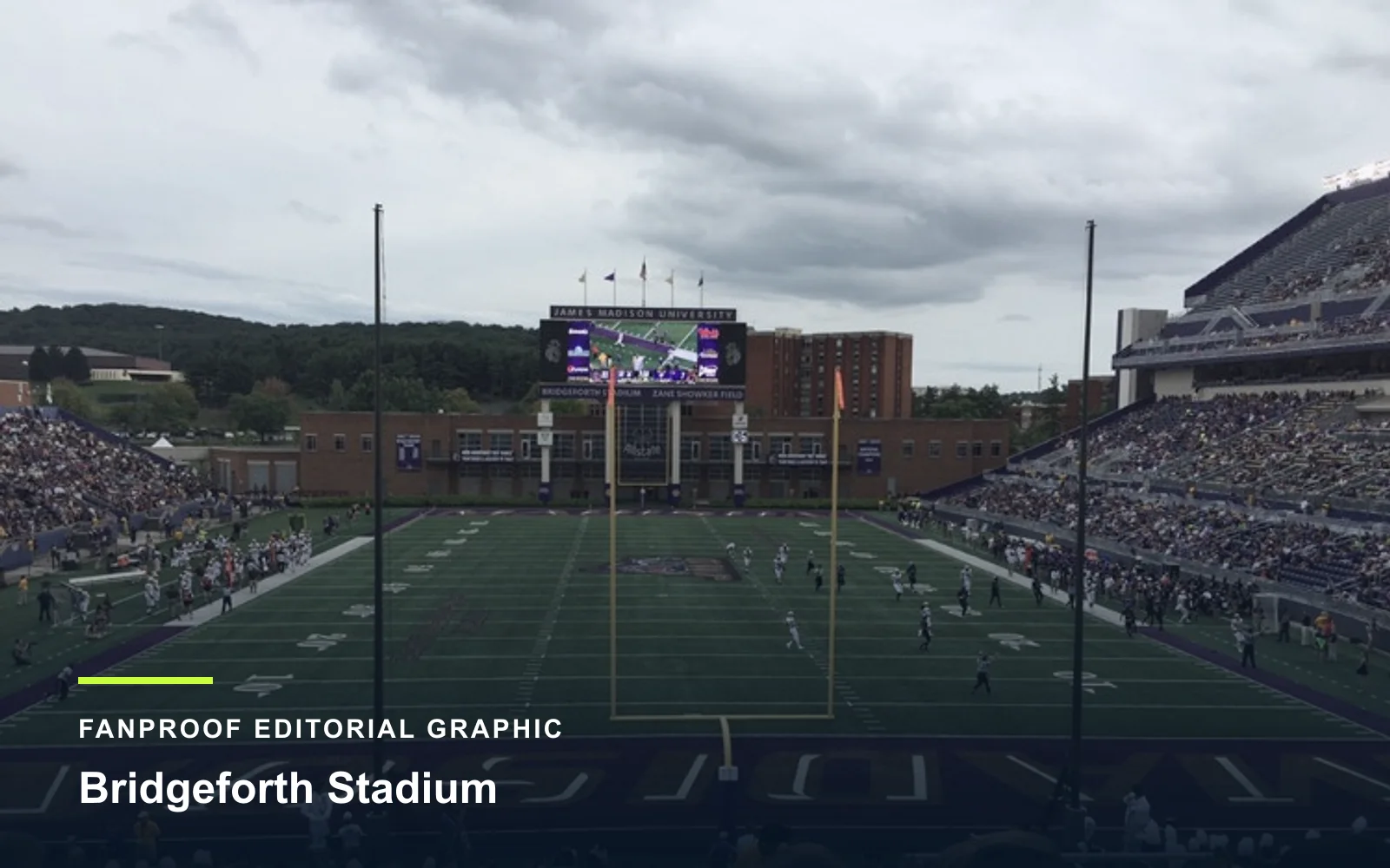 FanProof editorial graphic derived from a reuse-cleared view of Bridgeforth Stadium, home of James Madison football.