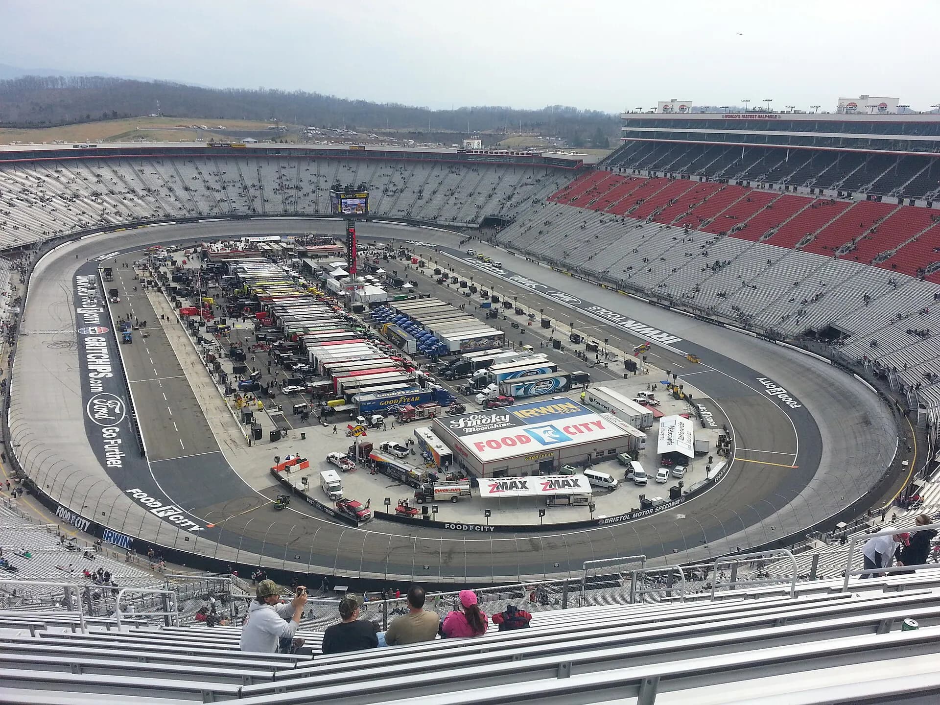 Wide fan sightline across Bristol Motor Speedway's steep seating bowl, short oval, and infield.