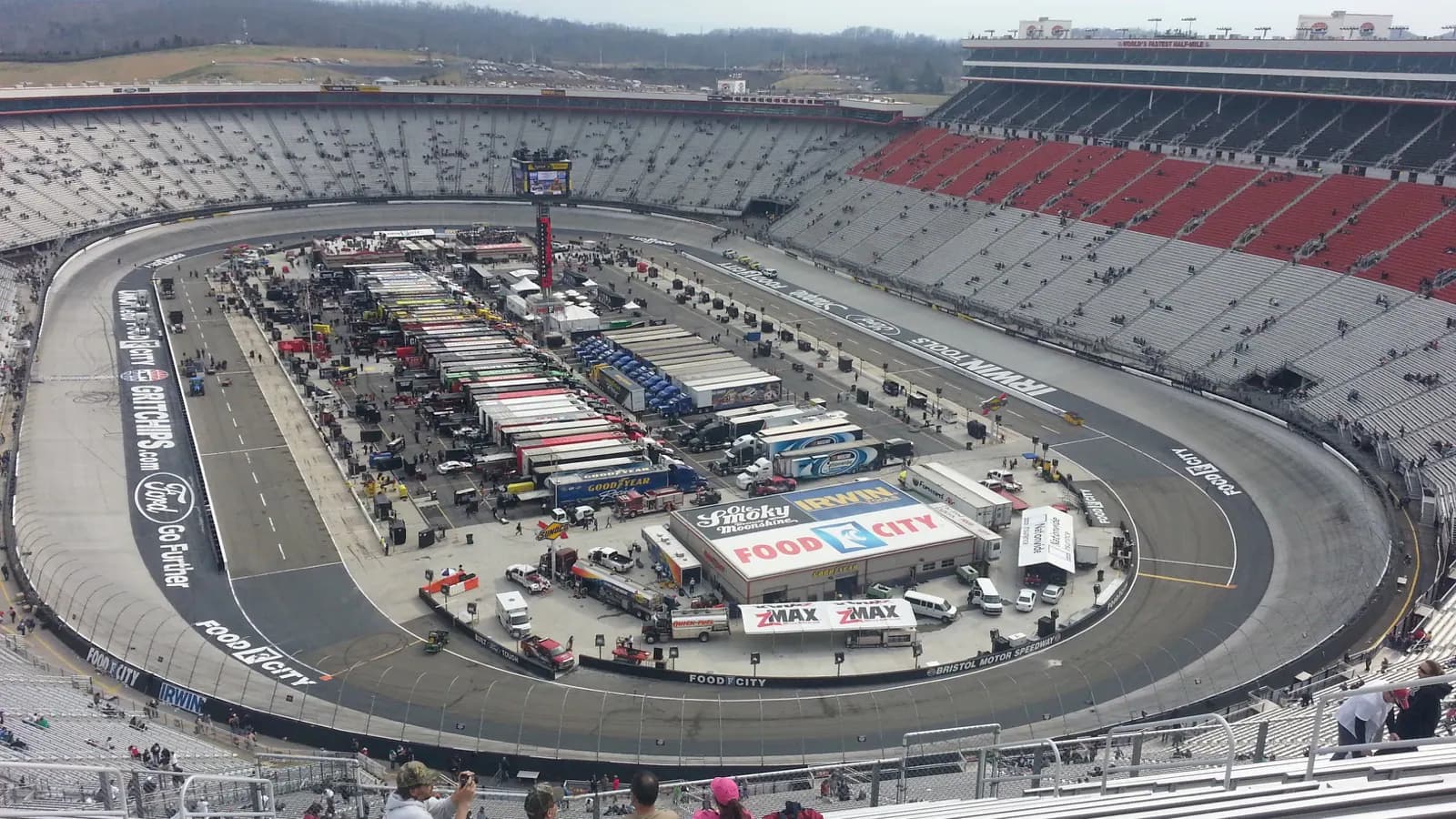 Interior view of Bristol Motor Speedway and its steep grandstands.