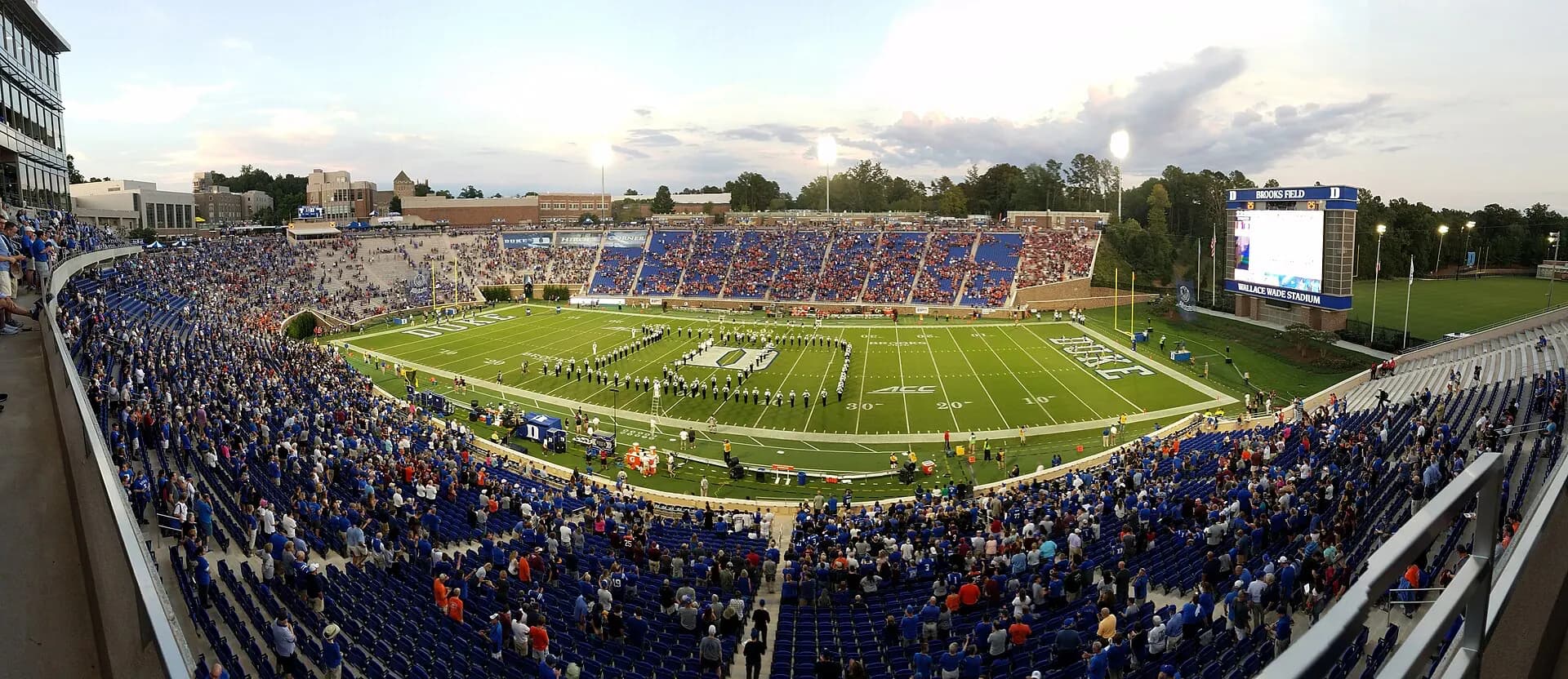 A panoramic view across Brooks Field and the seating bowl at Wallace Wade Stadium.