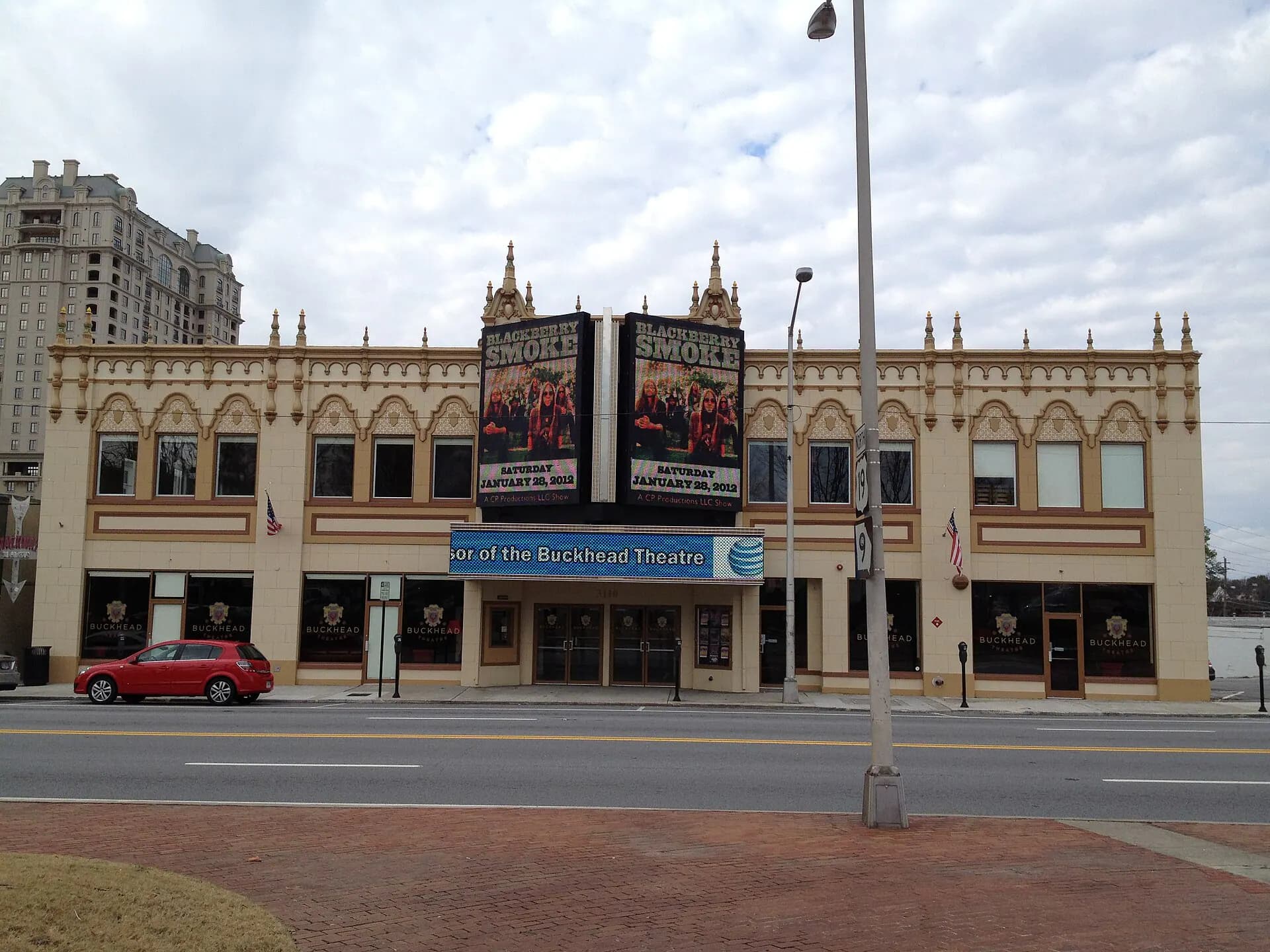 Exterior establishing view of the Buckhead Theatre facade and marquee in Atlanta.
