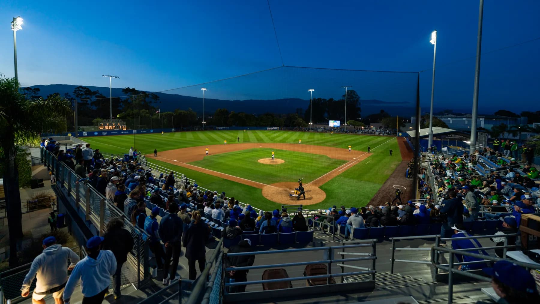 Caesar Uyesaka Stadium’s occupied bowl and diamond under the lights in UC Santa Barbara’s official campus-map photograph. The source describes an evening game with mountains beyond the field. Foreground railings, nearby spectators and protective netting remain visible; no numbered camera seat or capture date is supplied.