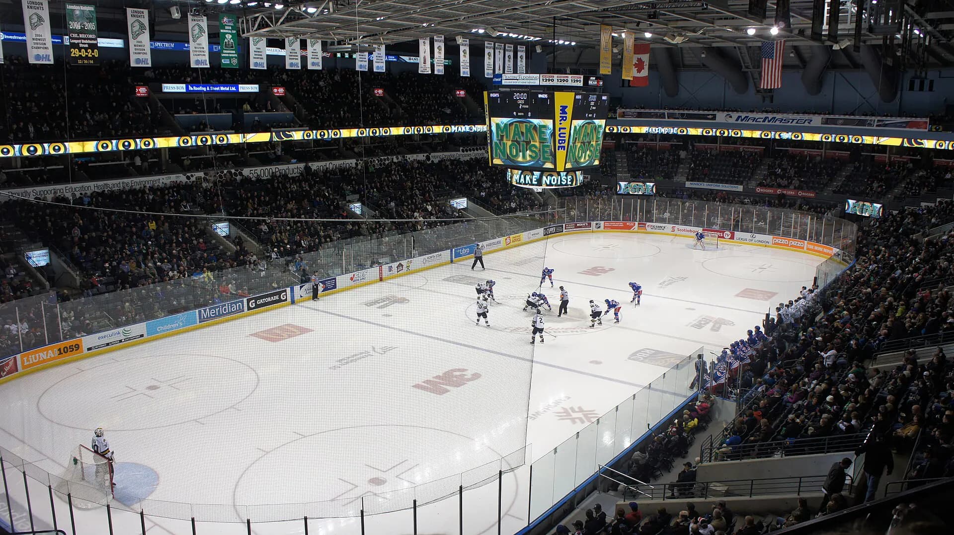 Wide interior view of the arena bowl at Canada Life Place in London, Ontario