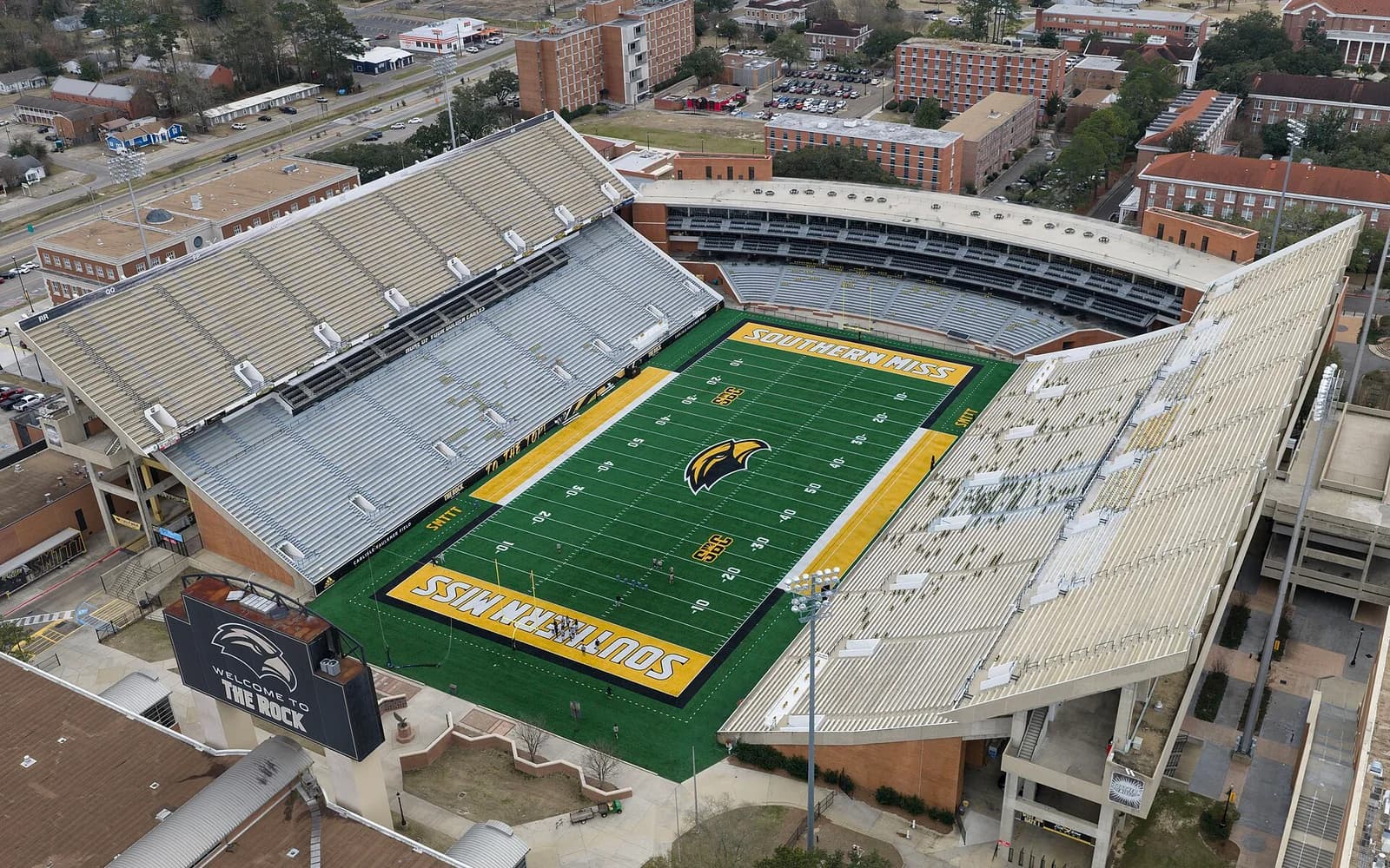 View of Carlisle-Faulkner Field at M.M. Roberts Stadium, home of Southern Miss football.