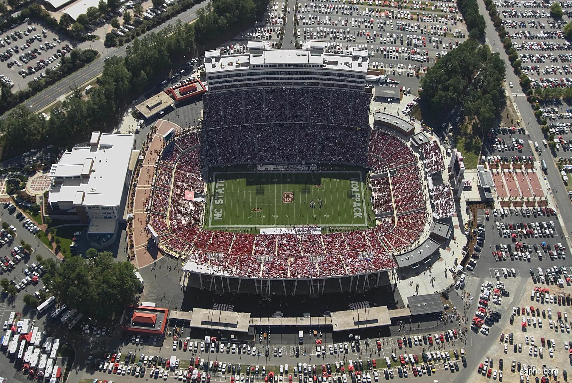 A wide overhead view of Carter-Finley Stadium's football field and seating bowl.