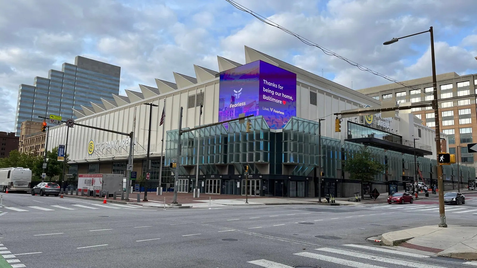 Wide exterior view of the renovated CFG Bank Arena in downtown Baltimore.