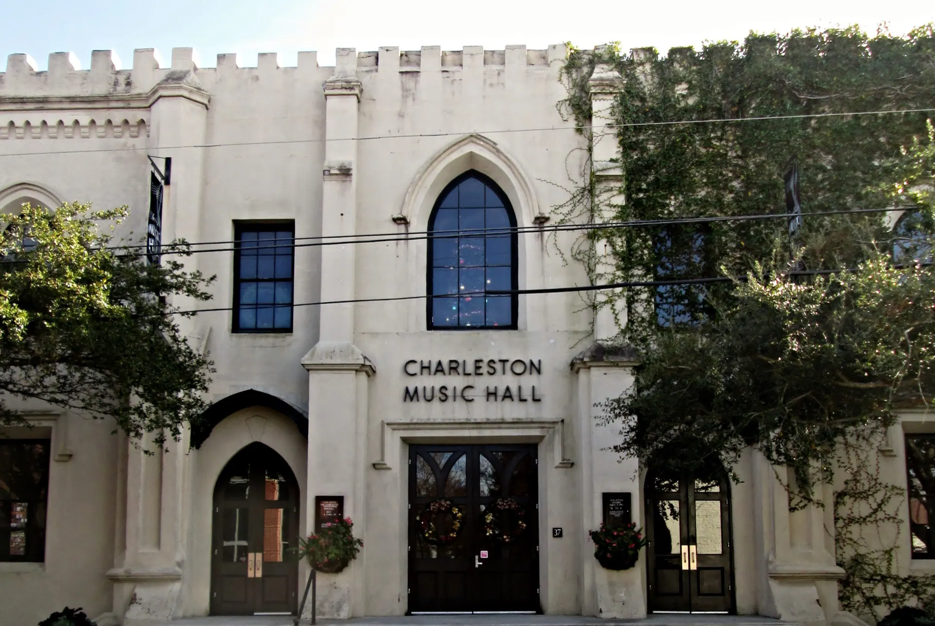 Front exterior view of Charleston Music Hall and its main entrance.