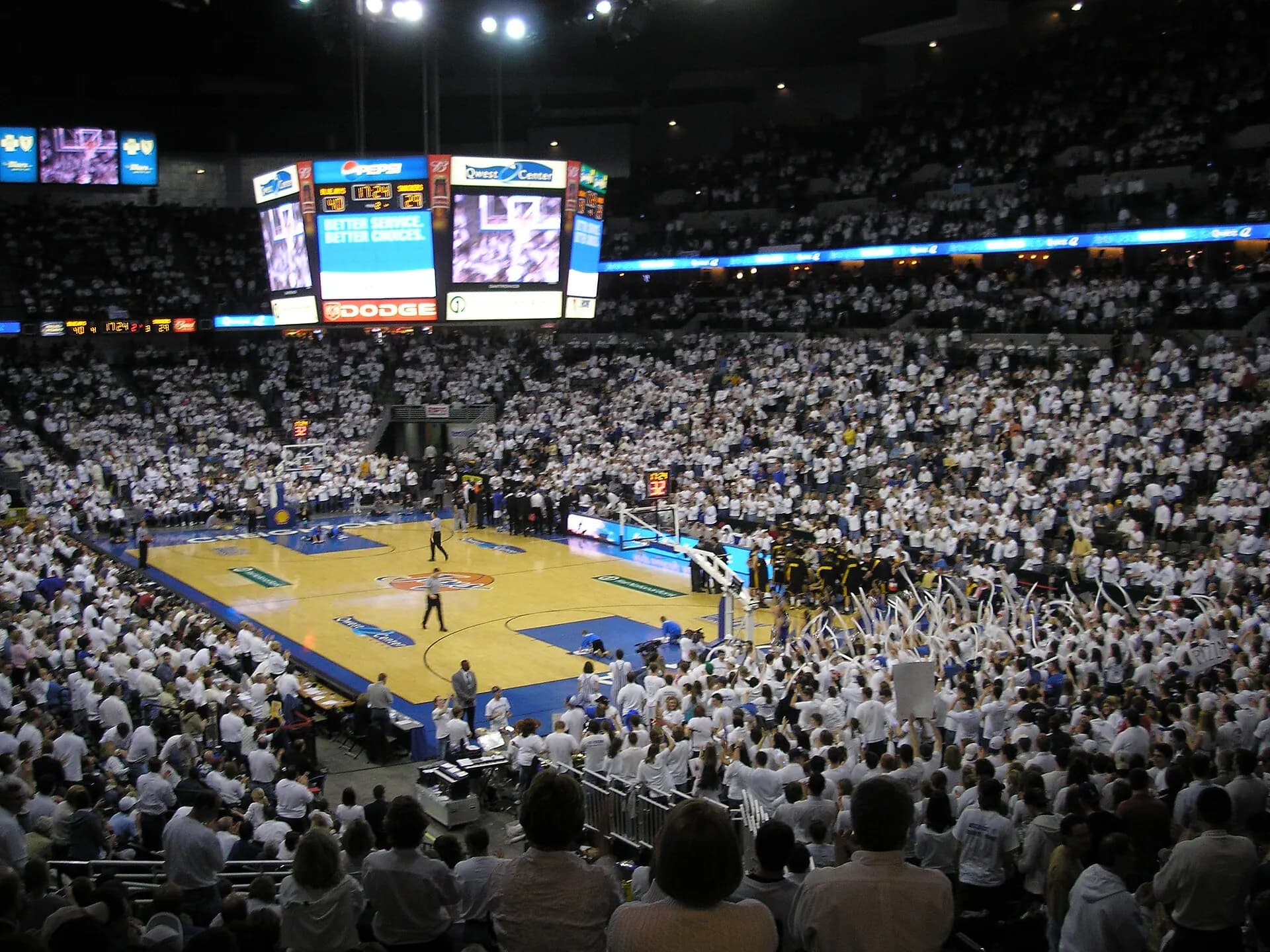 A packed basketball game inside the seating bowl at CHI Health Center Omaha.
