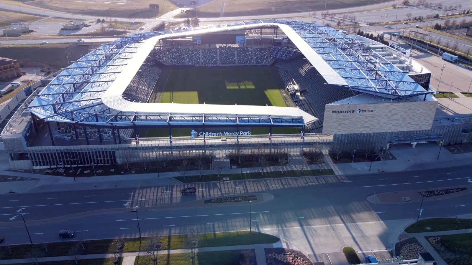 Wide aerial view of Children's Mercy Park in Kansas City, Kansas.