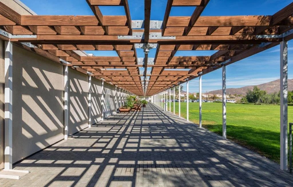 Covered walkway and grounds at Chula Vista Elite Athlete Training Center.