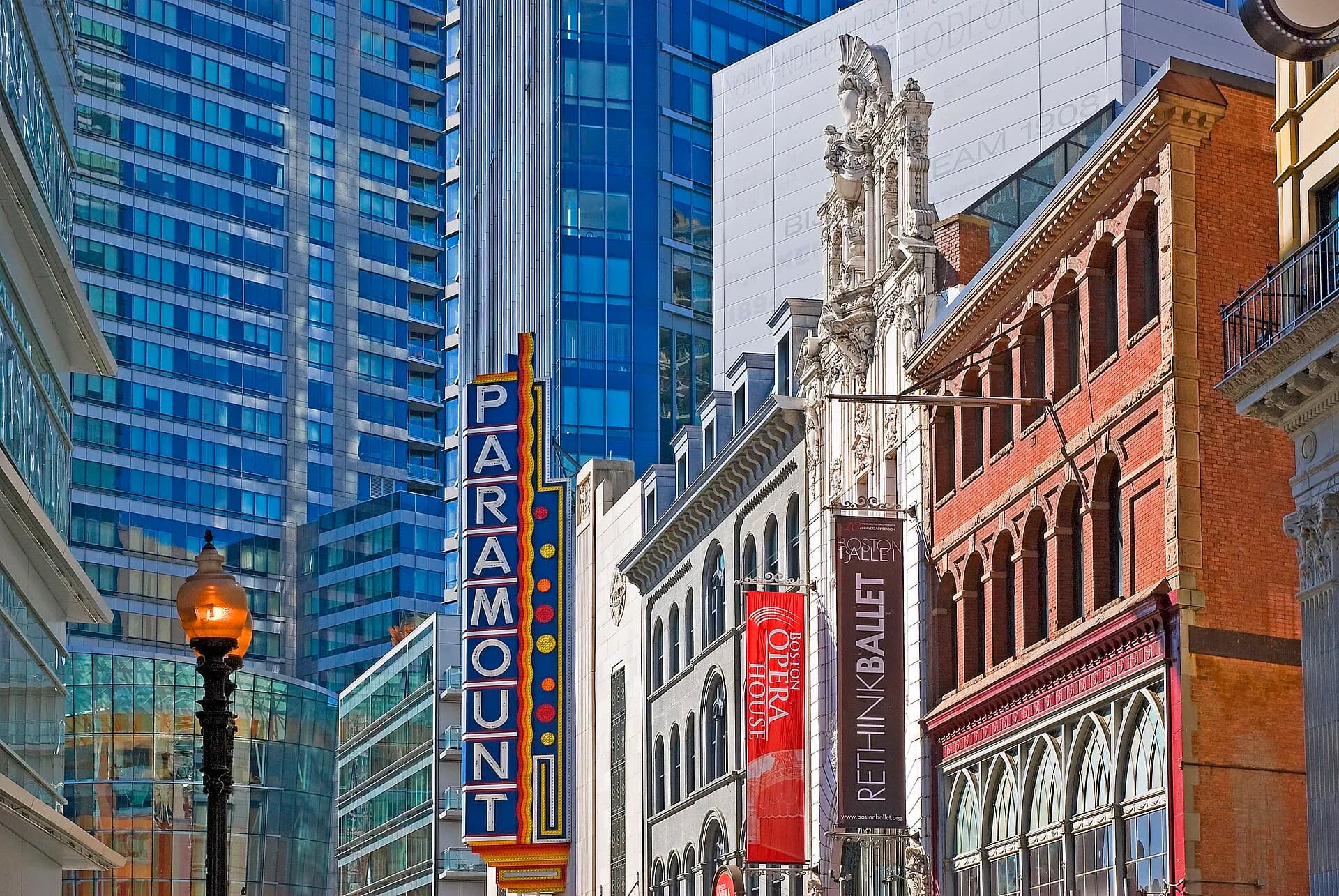 Street view of the Citizens Opera House facade and vertical marquee in Boston.