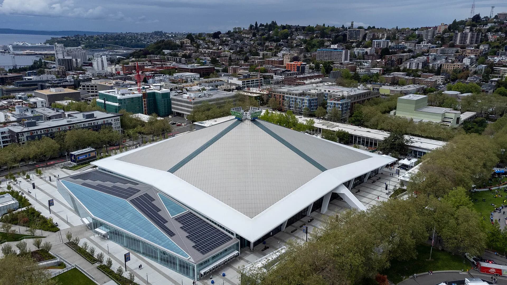 Climate Pledge Arena exterior and historic roof at Seattle Center.