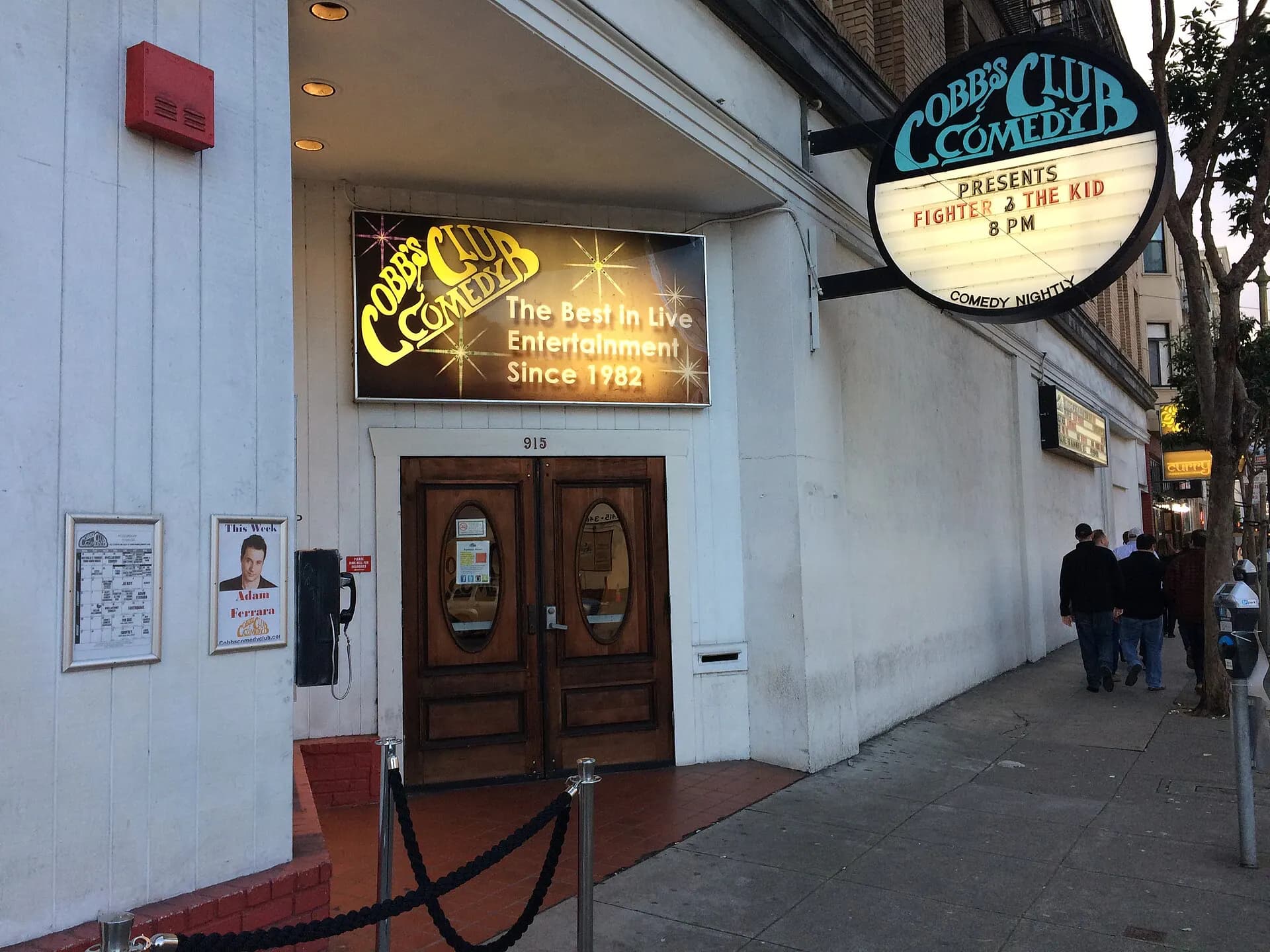 Street-level view of Cobb's Comedy Club entrance and marquee in San Francisco.