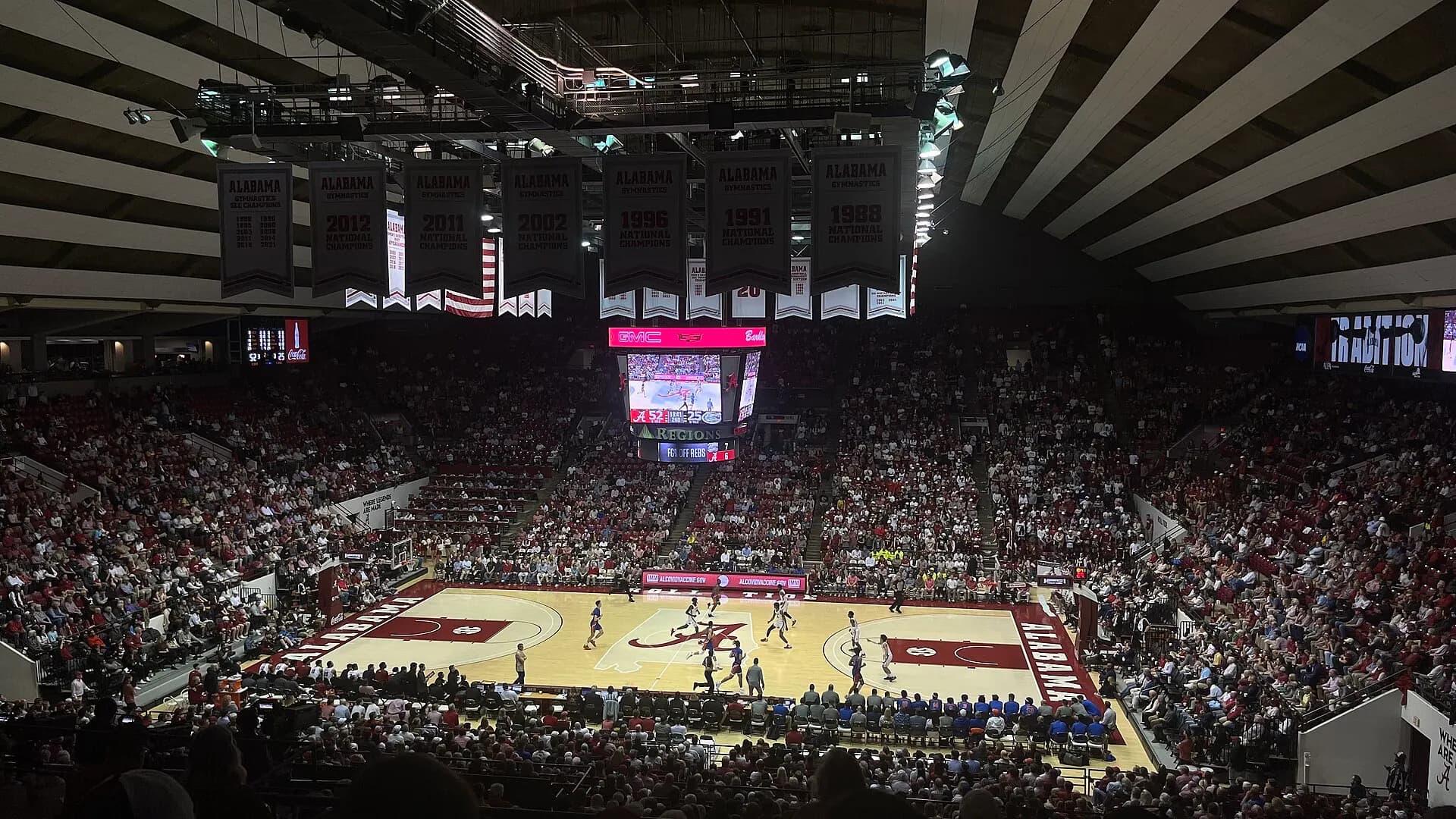 The basketball court and seating bowl during a game at Coleman Coliseum.