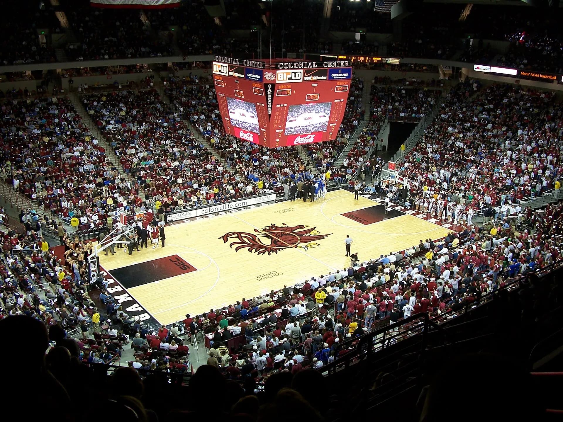 Basketball court and packed seating bowl inside Colonial Life Arena.