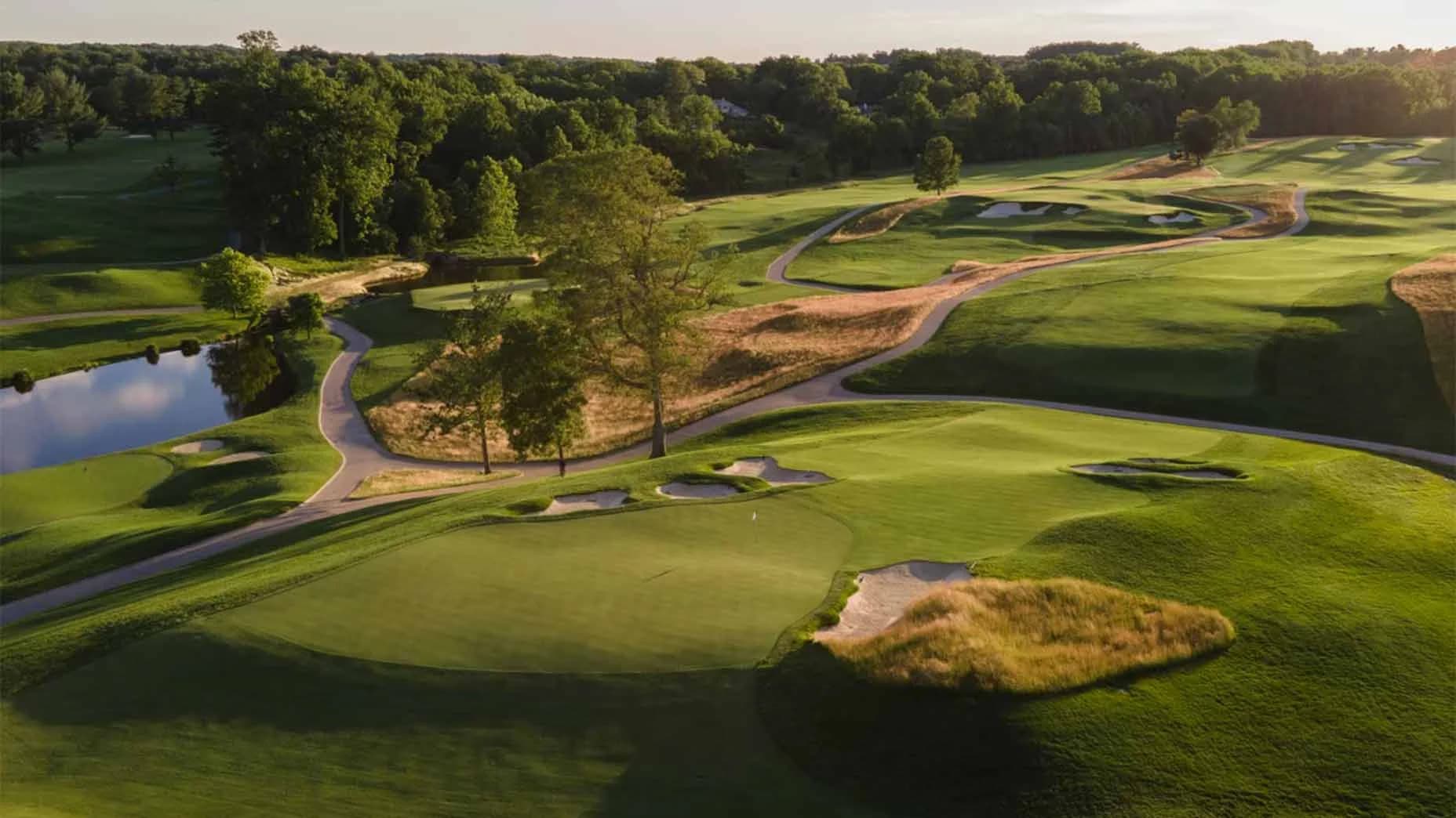 The rebuilt Congressional Blue Course, identified as the new Blue Course in GOLF’s course profile. Broad greens and reshaped bunkers provide post-redesign course context; the source does not supply a capture date or current spectator-seat locations.
