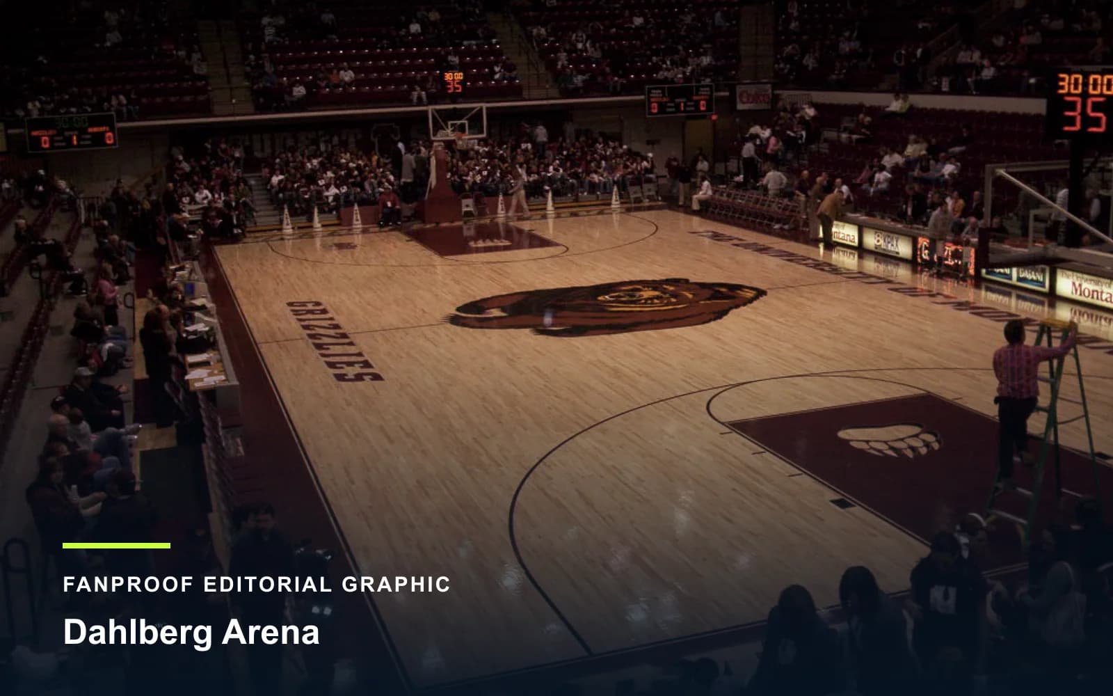 FanProof editorial graphic derived from a reuse-cleared view of Dahlberg Arena, home of Montana basketball.