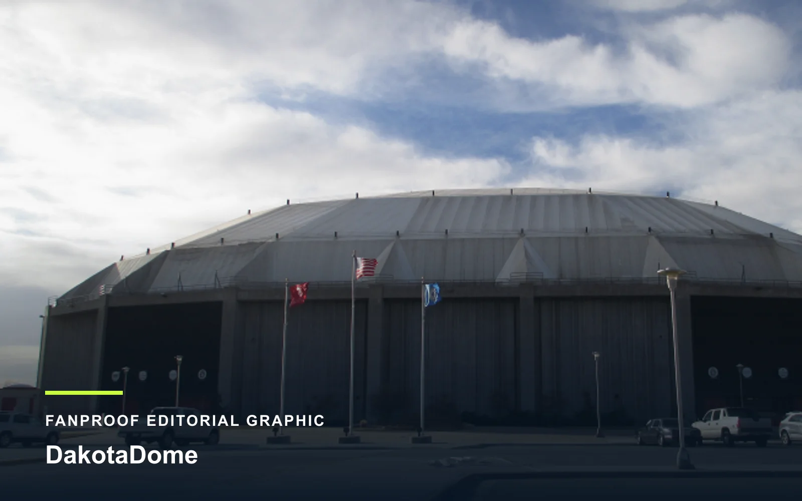 FanProof editorial graphic derived from a reuse-cleared view of DakotaDome, home of South Dakota Coyotes football.