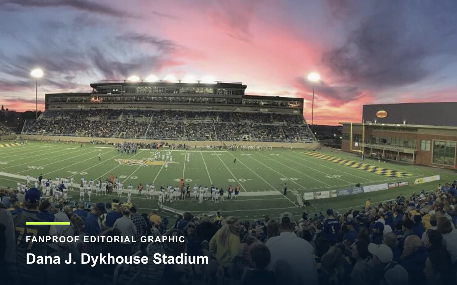 FanProof editorial graphic derived from a reuse-cleared view of Dana J. Dykhouse Stadium, home of South Dakota State Jackrabbits football.