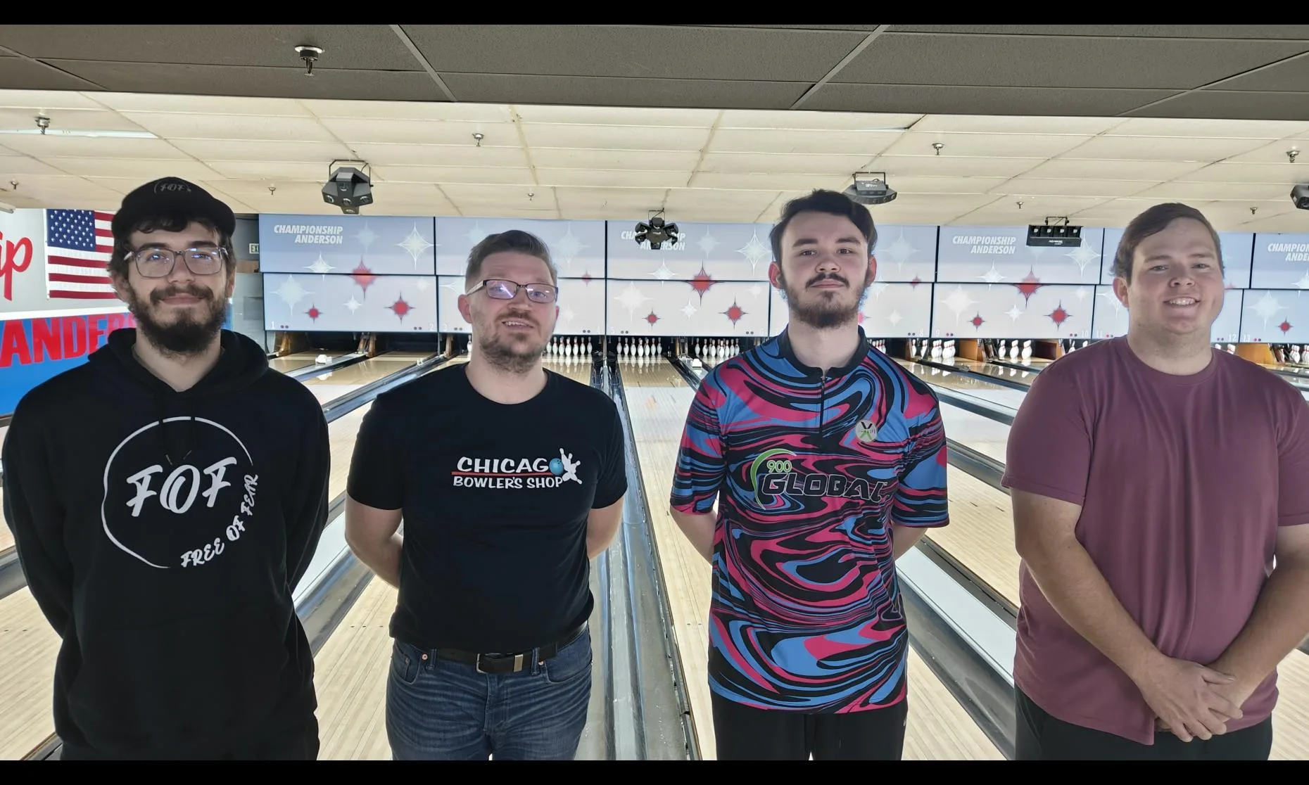 Championship Lanes, Anderson — tournament competitors with the lanes behind them, 2024.