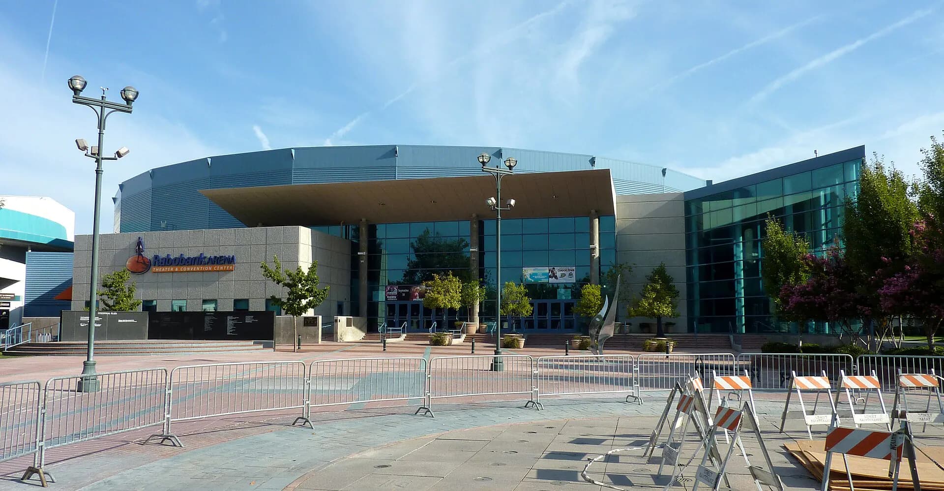 Wide exterior view of Dignity Health Arena under its former Rabobank Arena name.