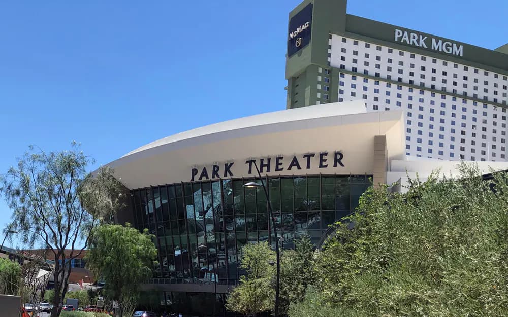 Exterior establishing view of Dolby Live at Park MGM under its former Park Theater name.
