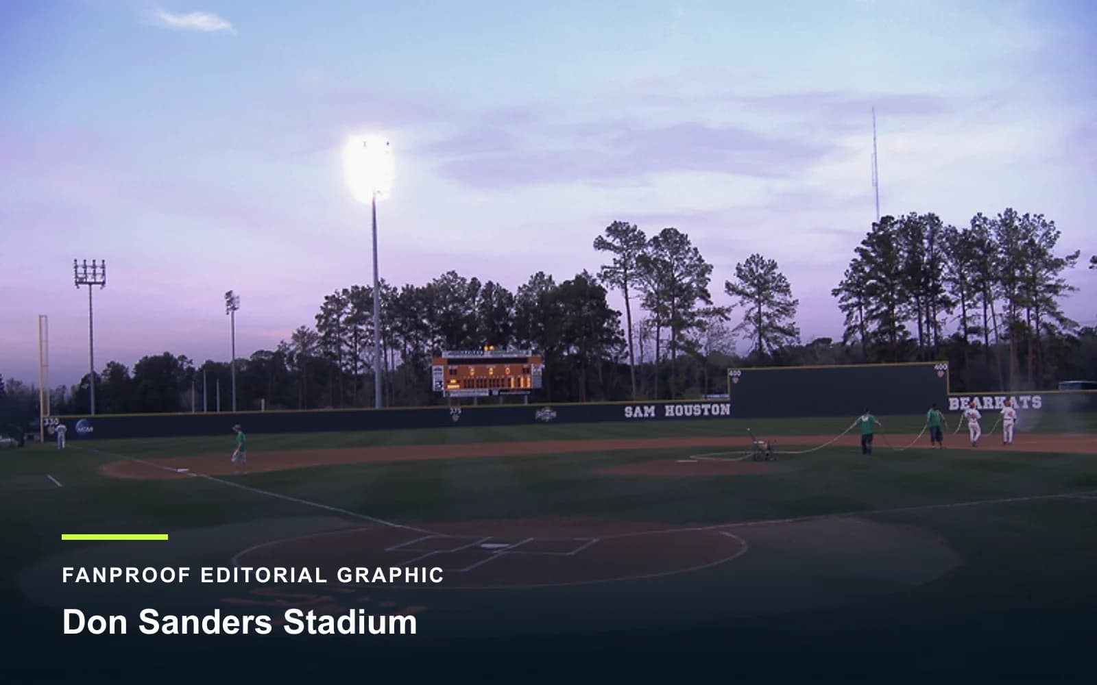 FanProof editorial graphic derived from a reuse-cleared view of Don Sanders Stadium, home of Sam Houston baseball.