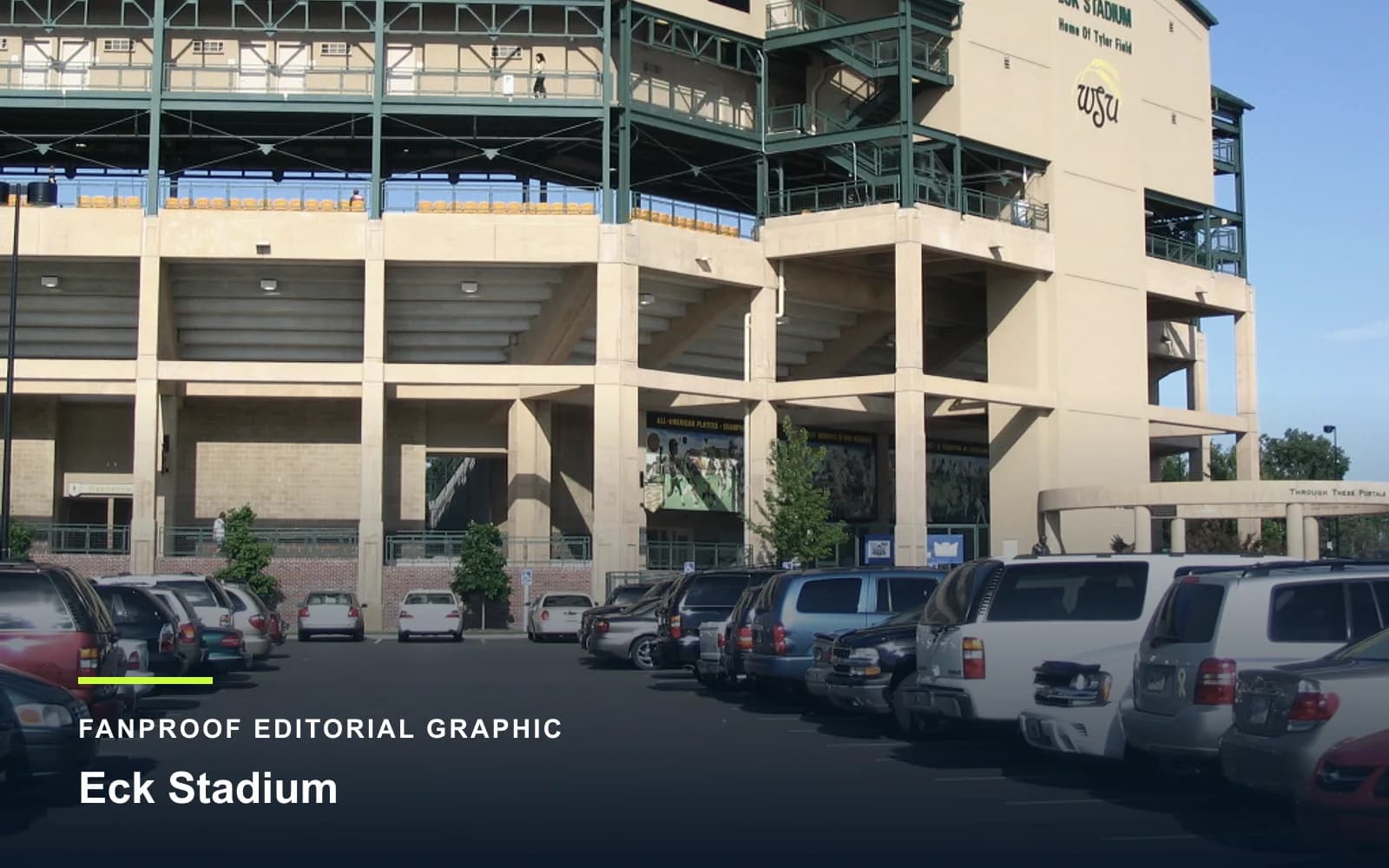 FanProof editorial graphic derived from a reuse-cleared view of Eck Stadium, home of Wichita State baseball.