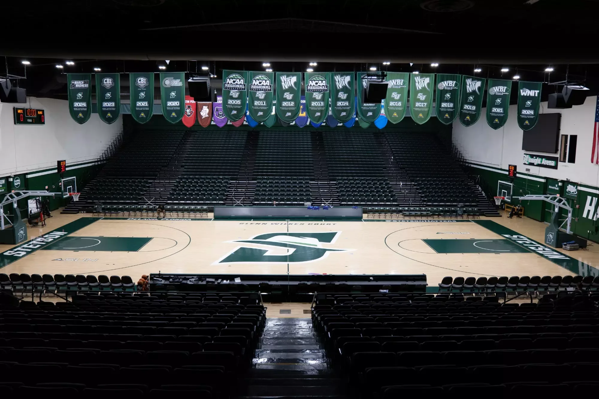 The basketball court, banners and renovated seating inside Insight Credit Union Arena at Edmunds Center, from Stetson’s updated official facility collection. The source does not independently supply the capture date.