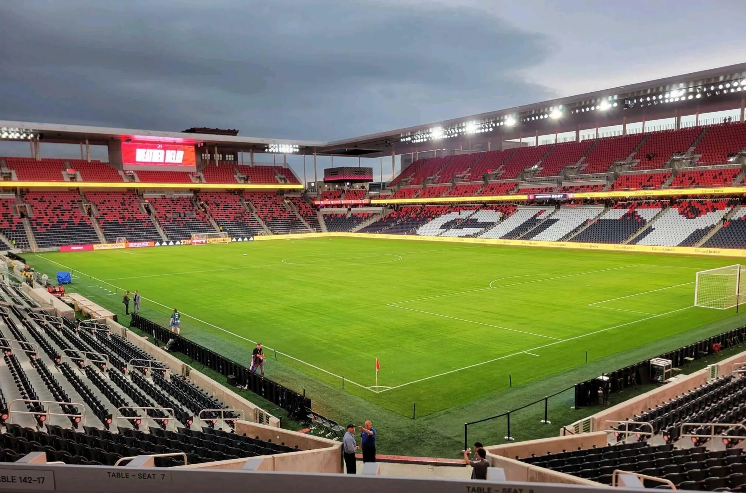 Wide match-day view across Energizer Park's field, lower bowl, supporters, and video board.