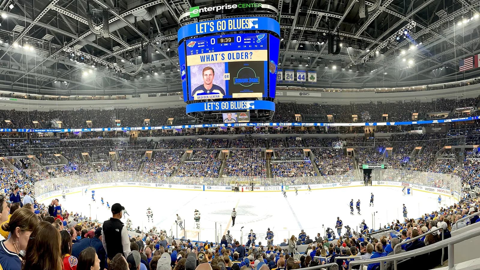 Wide interior view of the hockey bowl and scoreboard at Enterprise Center.