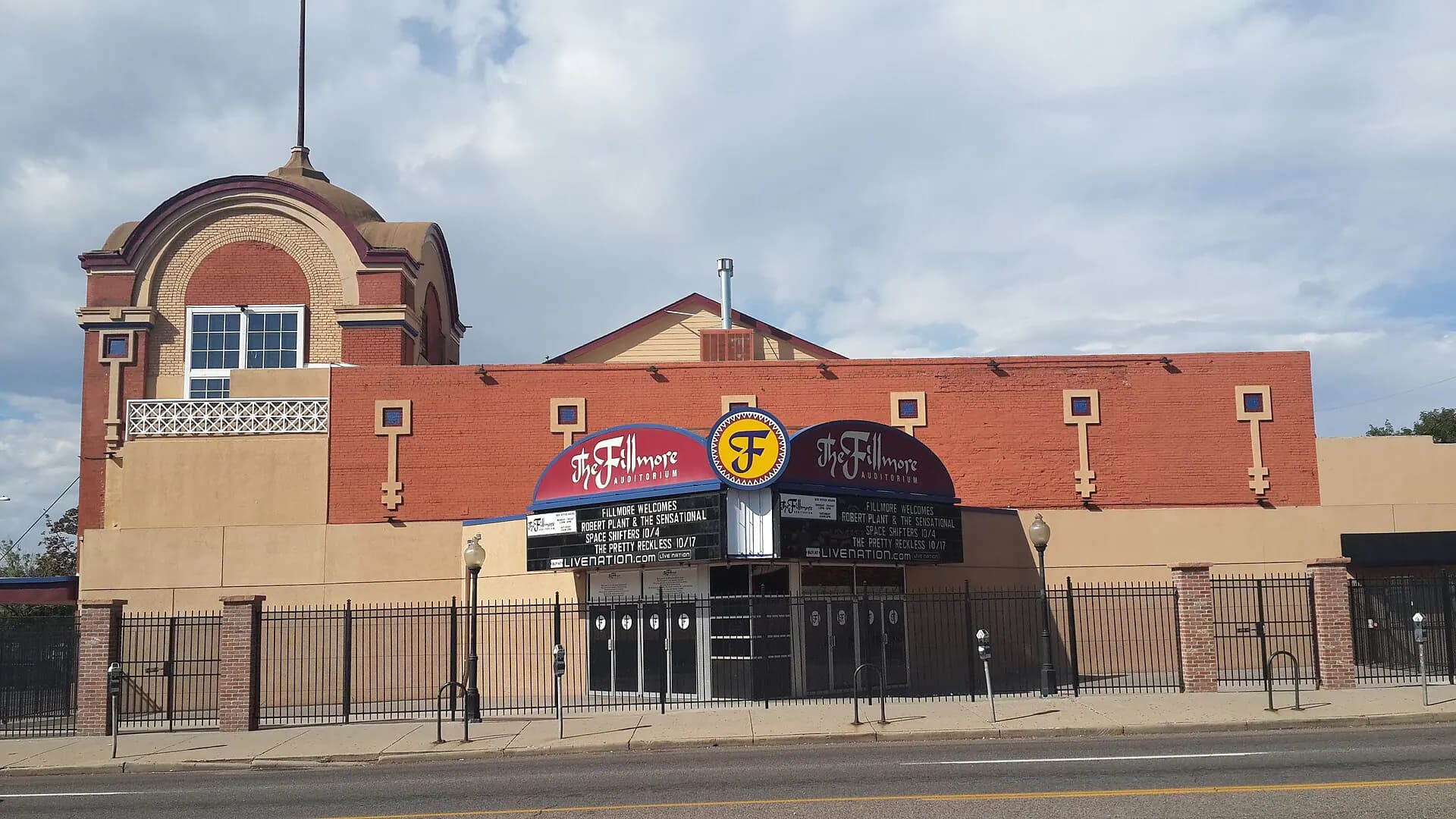 Wide exterior view of the Fillmore Auditorium marquee and entrance in Denver.